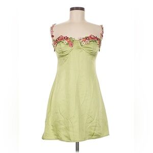 Green Satin Slip Dress with Floral Embroidered Bust